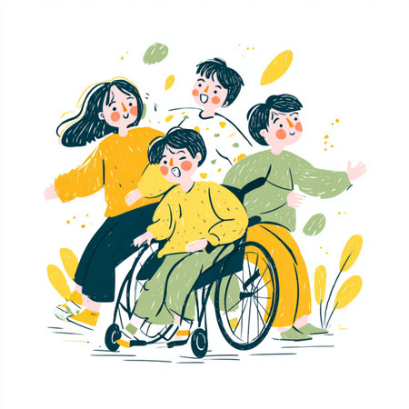 Hand drawn vector illustration of a family in a wheelchair in the park.の素材