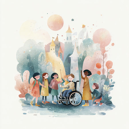 Hand drawn vector illustration of a group of children in a wheelchair in the parkの素材