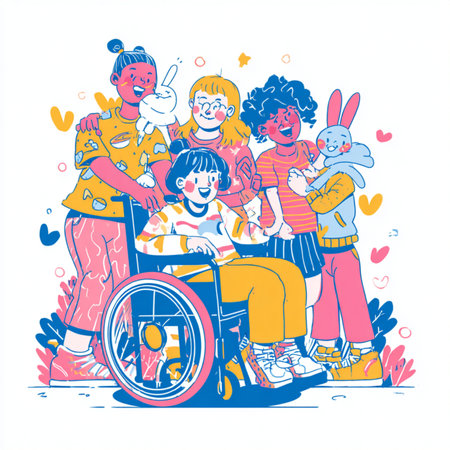 Hand drawn vector illustration of a group of happy children in a wheelchair with friends.の素材