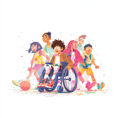 Group of happy children in a wheelchair playing basketball. Vector illustration.の素材