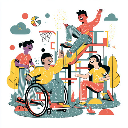 Disabled people in wheelchair playing basketball on playground. Flat style vector illustration.の素材