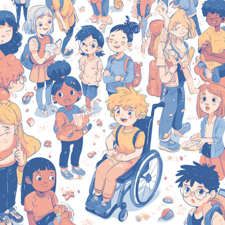 Seamless pattern with children in a wheelchair. Vector illustration.の素材