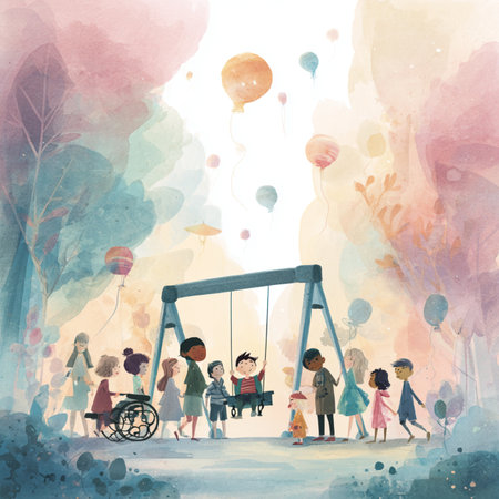 Watercolor illustration of a children's playground with a swing and balloonsの素材