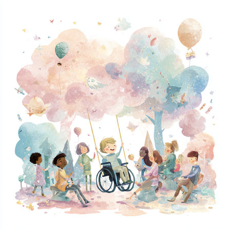 Hand drawn watercolor illustration of a group of children having fun in the parkの素材