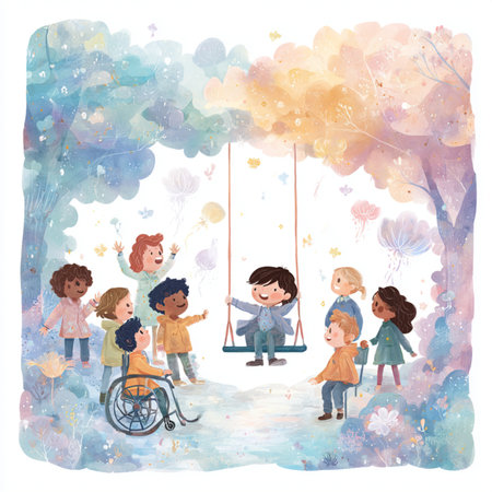 Happy children on a swing in the park. Watercolor illustration.の素材