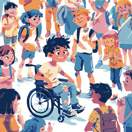 Seamless pattern with happy school children in wheelchair. Vector illustration.の素材