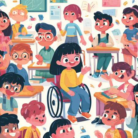 Seamless pattern with children in school classroom. Vector illustration.の素材