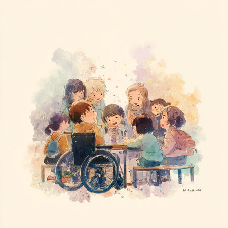 Illustration of a group of children sitting in a wheelchair and talkingの素材