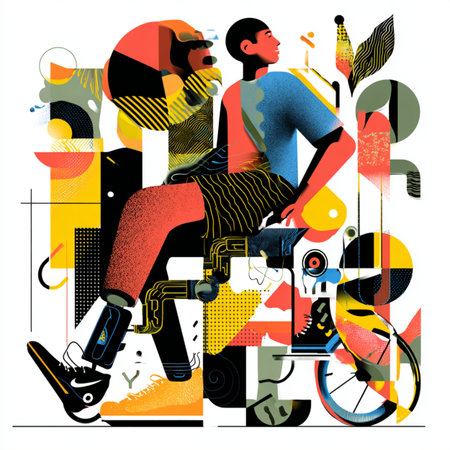 Vector illustration of a man riding a bicycle on a background of geometric shapesの素材