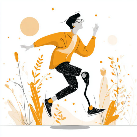 Vector illustration of a man with prosthetic leg running in the parkの素材