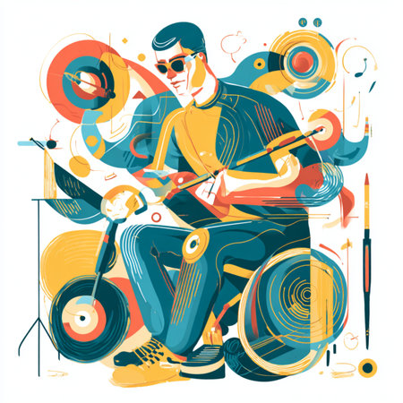 Vector illustration of a young man playing the electric guitar. Musician with instruments.の素材