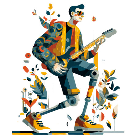 Vector illustration of a man with a prosthetic leg and guitar.の素材