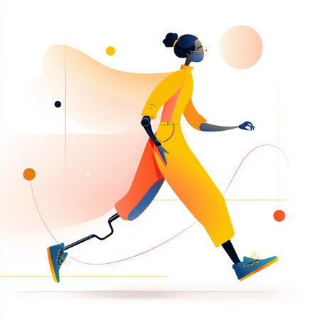 Young woman with prosthetic leg running on colorful background. Vector illustration.の素材