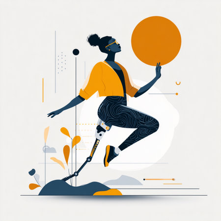 Vector illustration of an african american woman with a prosthetic leg.の素材