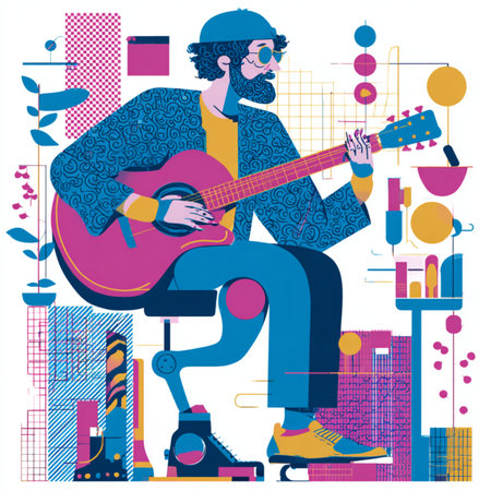 Vector illustration of a man playing the guitar in the flat style.の素材