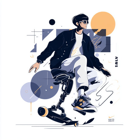 Vector illustration of young man in hipster style with skateboard.の素材