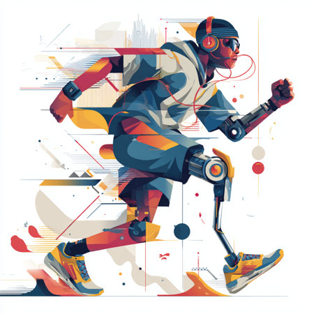 Vector illustration of a man with a prosthetic leg in motion.の素材