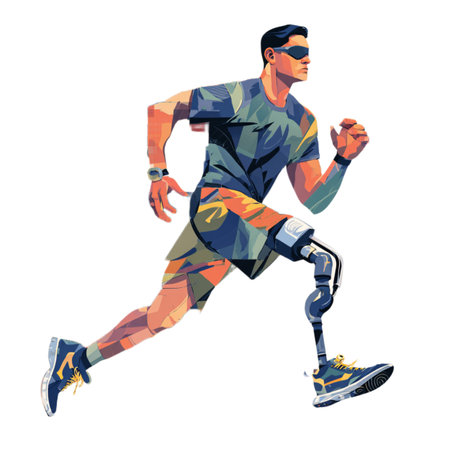 Young man with prosthetic leg running. Vector illustration isolated on white background.の素材