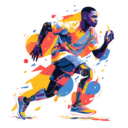 Artistic illustration of a young african american man with prosthetic leg running.の素材