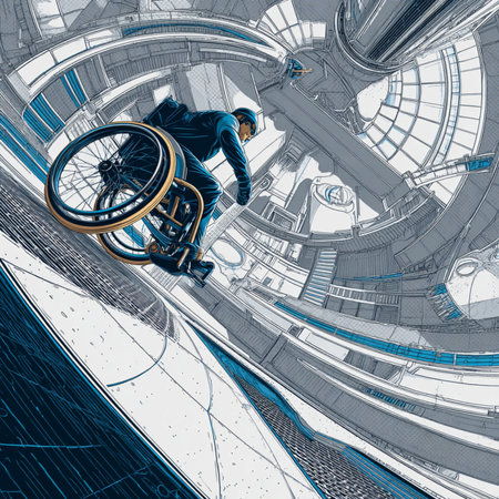 Disabled man in wheelchair. Wheelchair in the center of the city. 3d renderingの素材