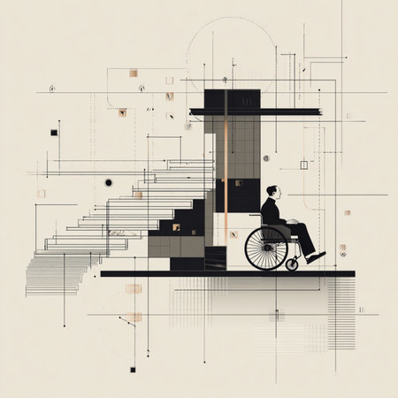 Vector illustration of a disabled man in a wheelchair on the stairs.の素材