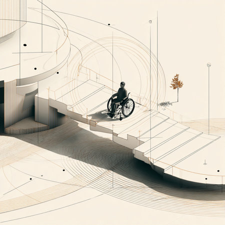abstract 3d illustration of a disabled person in a wheelchair on the stairsの素材