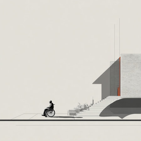 3d rendering of a man in a wheelchair in front of a modern buildingの素材