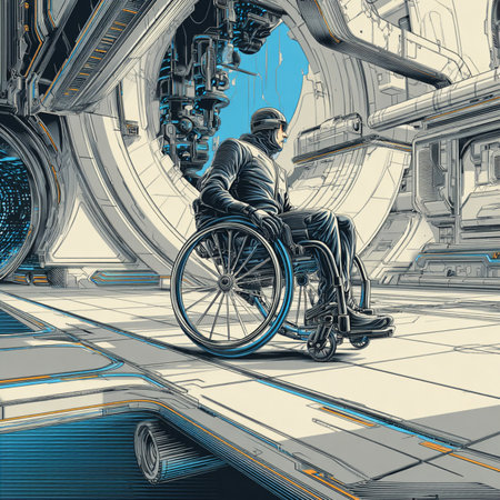 Disabled man in a wheelchair on the background of the spaceship. 3d renderingの素材