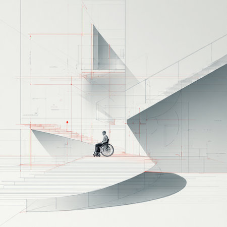 Disabled man in wheelchair on abstract architecture background. 3D Renderingの素材