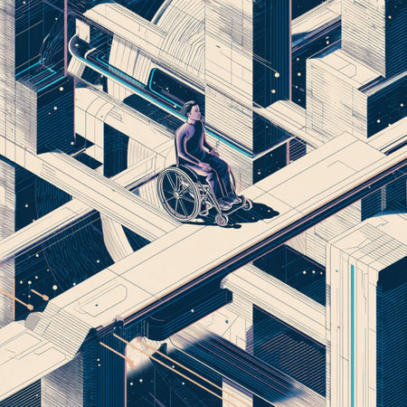 Disabled man in a wheelchair on the background of a futuristic city. 3d renderingの素材