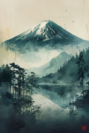Mt Fuji, Japan. Painting in old color image style.の素材