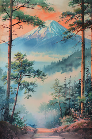 Mt. Fuji in the morning, Japan, painting on canvasの素材