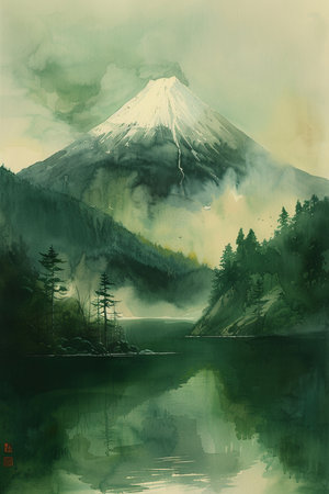Mt. Fuji in the morning, Japan. Digital painting.の素材