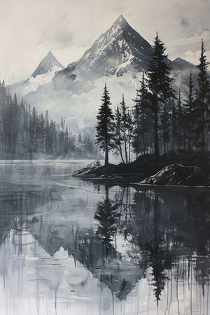 Mountains reflected in a lake, Alaska, USA. Vintage painting.の素材