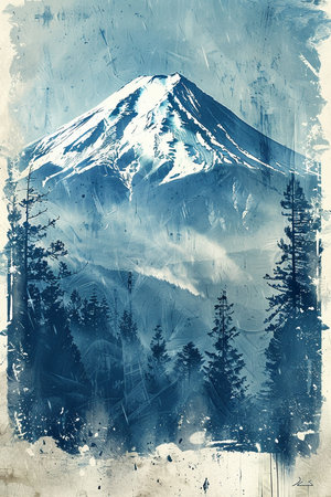 Mountain landscape with pine trees and coniferous forest in grunge styleの素材