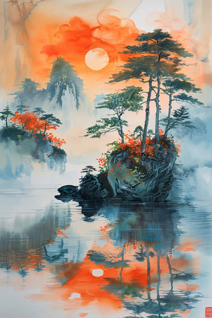 Pine tree on the island in the lake. Hand drawn painting.の素材
