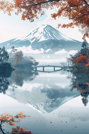 Mt Fuji with maple leaf at Kawaguchiko lake in Japan.の素材