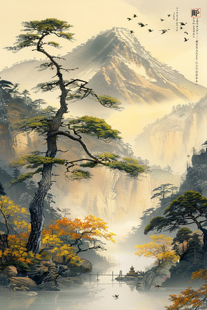 Illustration of Japanese mountain landscape with a pine tree in the foregroundの素材