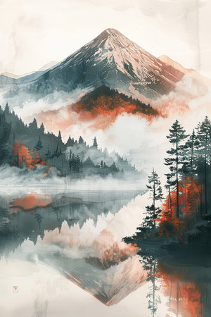 Mount Fuji reflected in lake, Japan. Watercolor painting. Digital illustration.の素材