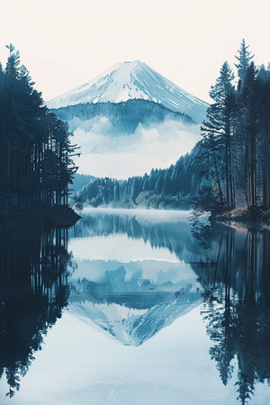 Mt. Fuji reflected in Kawaguchiko lake, Japan.の素材