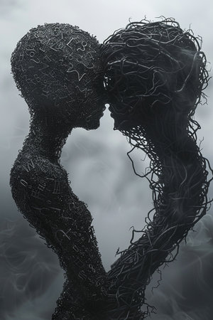 Silhouette of a loving couple in the fog. Conceptual imageの素材