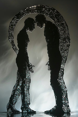Silhouette of a man and a woman hugging each other.の素材