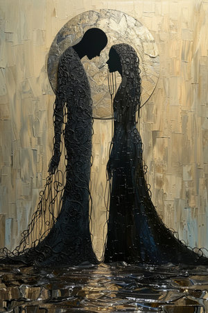 Silhouette of a bride and groom on the background of the moonの素材