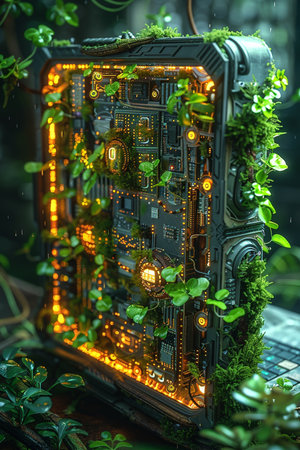 Futuristic robot on the background of green plants. Artificial intelligence concept.の素材