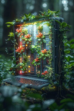 Fantasy landscape with a computer in the forest. 3d rendering.の素材