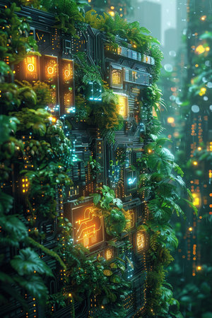 3d rendering of a futuristic green city with high tech building.の素材