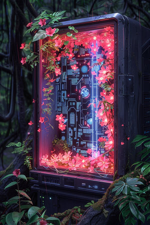 Futuristic display with colorful glowing neon lights in the forest.の素材