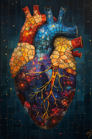 Human heart with colorful mosaic on dark background. Computer generated illustration.の素材