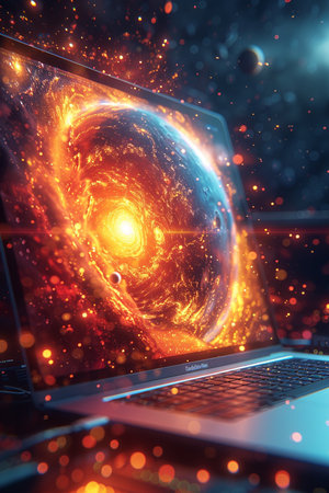 Laptop and planet in space. 3d rendering toned image double exposureの素材