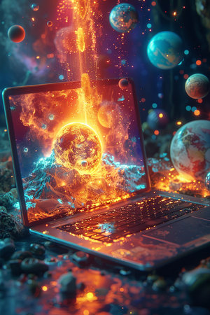 Laptop with burning planet earth in the background. Elements of this image furnished by NASAの素材